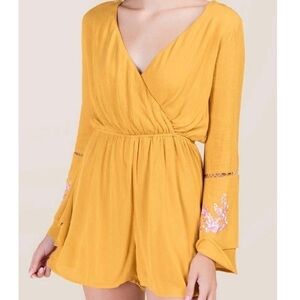 Francescas Yellow Embroidered Bell Sleeve Romper